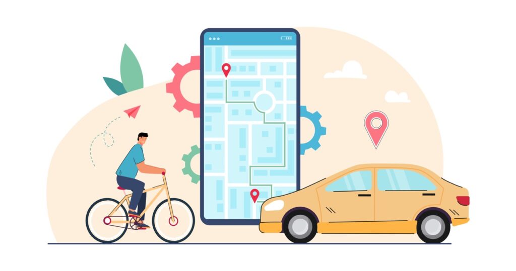 Man on bike tracking route on screen of smartphone