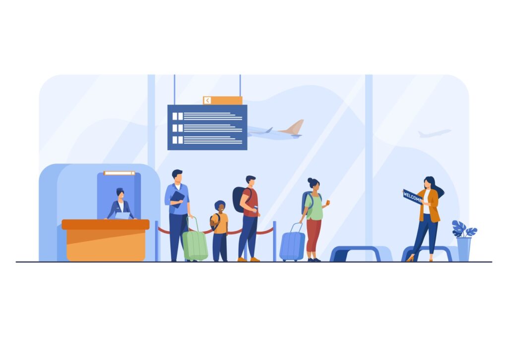 Passengers with luggage in airport flat illustration