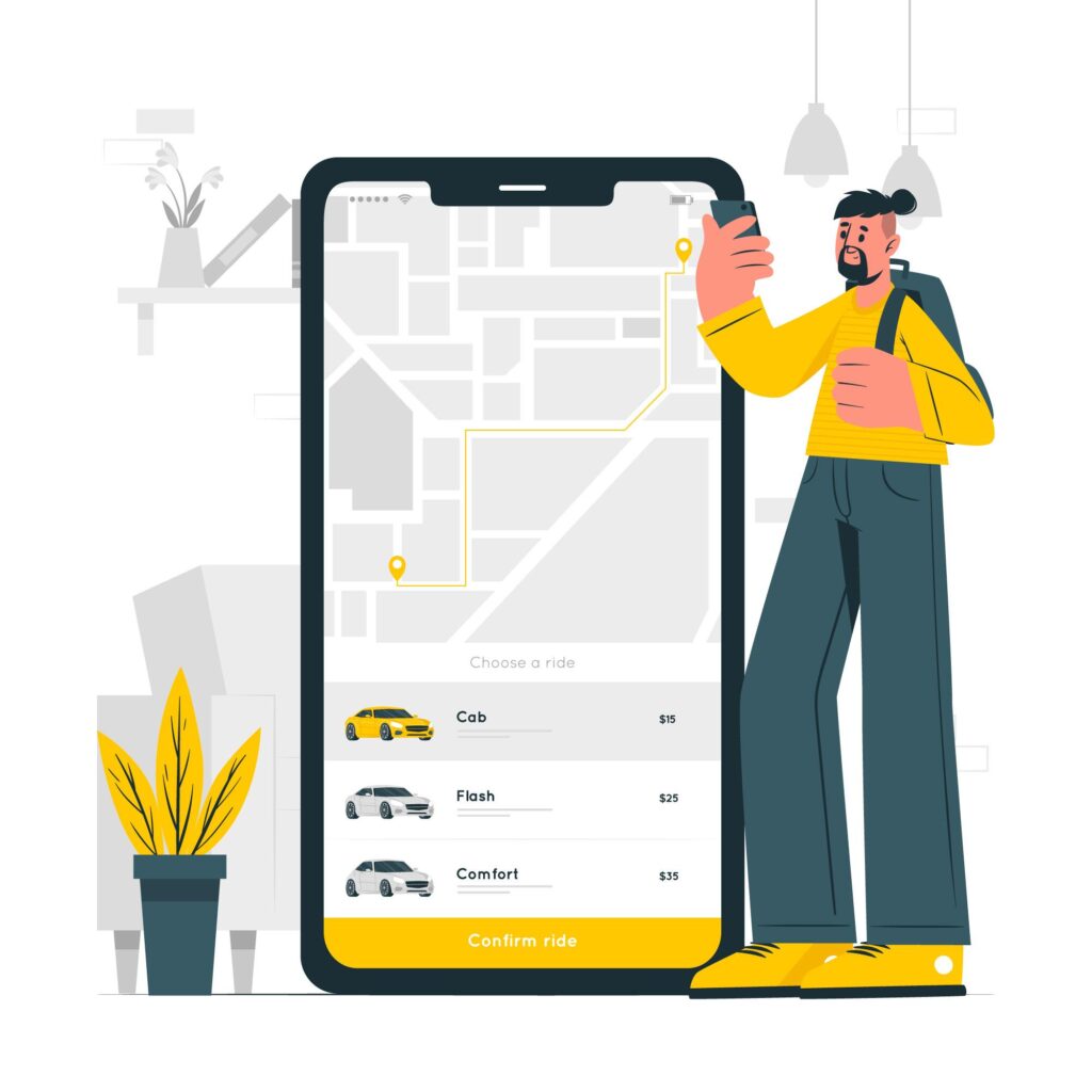 cartoon of man ordering a taxi, a large phone shows the different options for different taxis